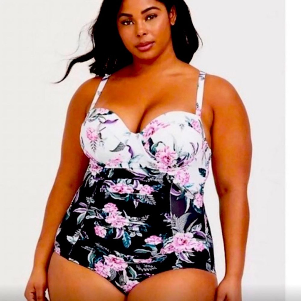 Torrid size 3 Slim Fit One Piece Strappy Floral Swimsuit. Black, White, Purple.